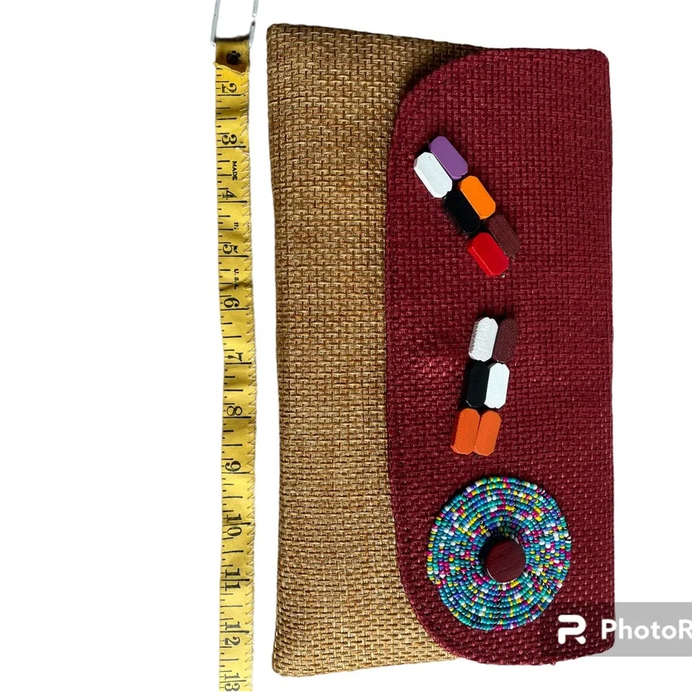NWOT African Handmade Woven Womens Abstract Clutch Purse Maroon Tan Snap Closure